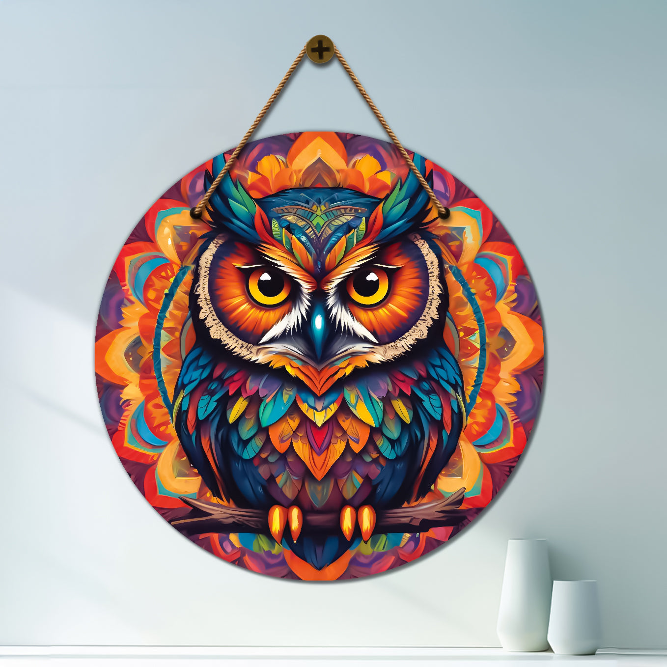 Owl in colorful floral mandala Round Wooden Wall Hanging for wall Décor - Design - 367