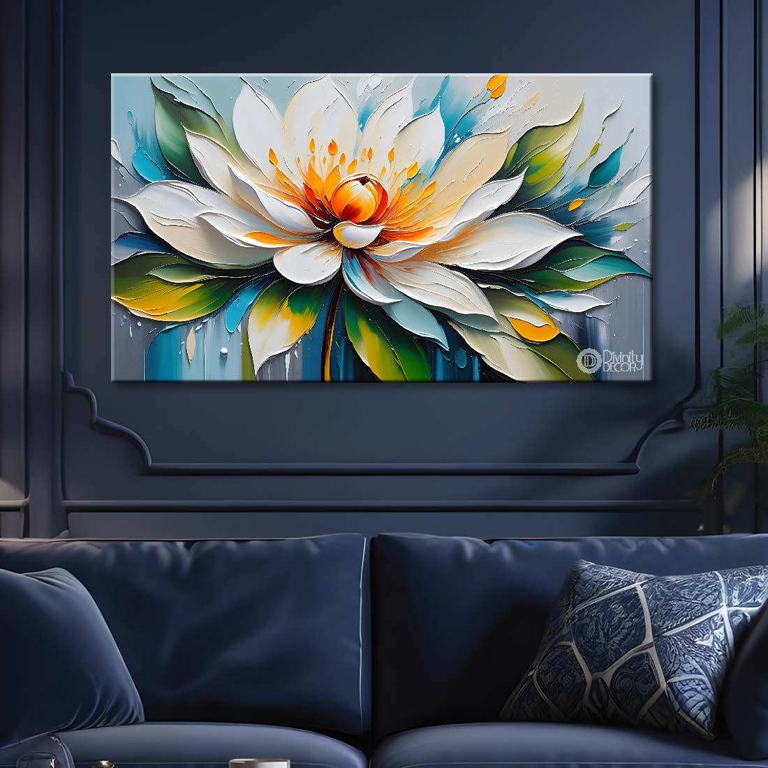 White flowers in blue background canvas painting- Flower-367