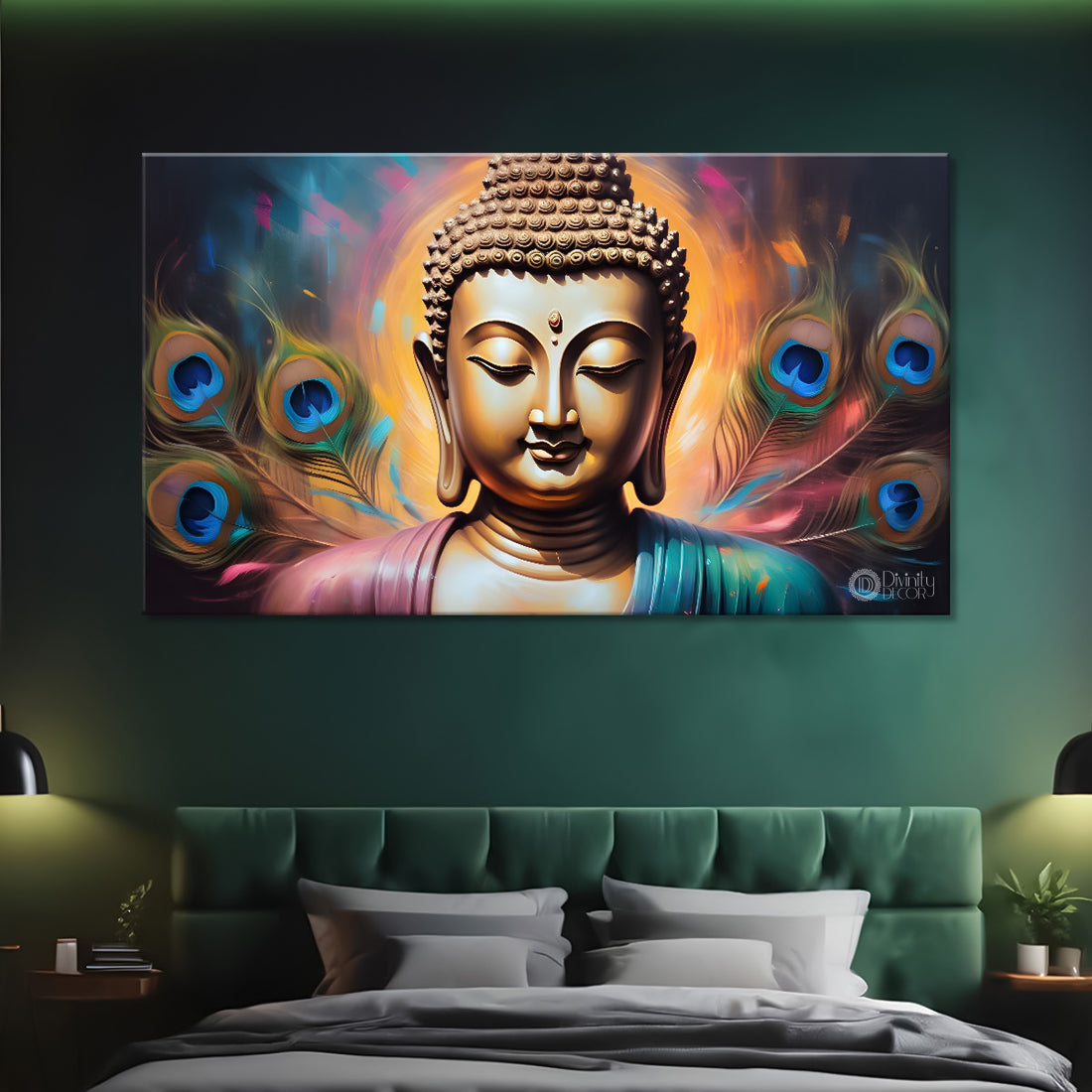 Golden buddha with peacock feather and yellow textured background painting Canvas Wall Painting - Buddha-368