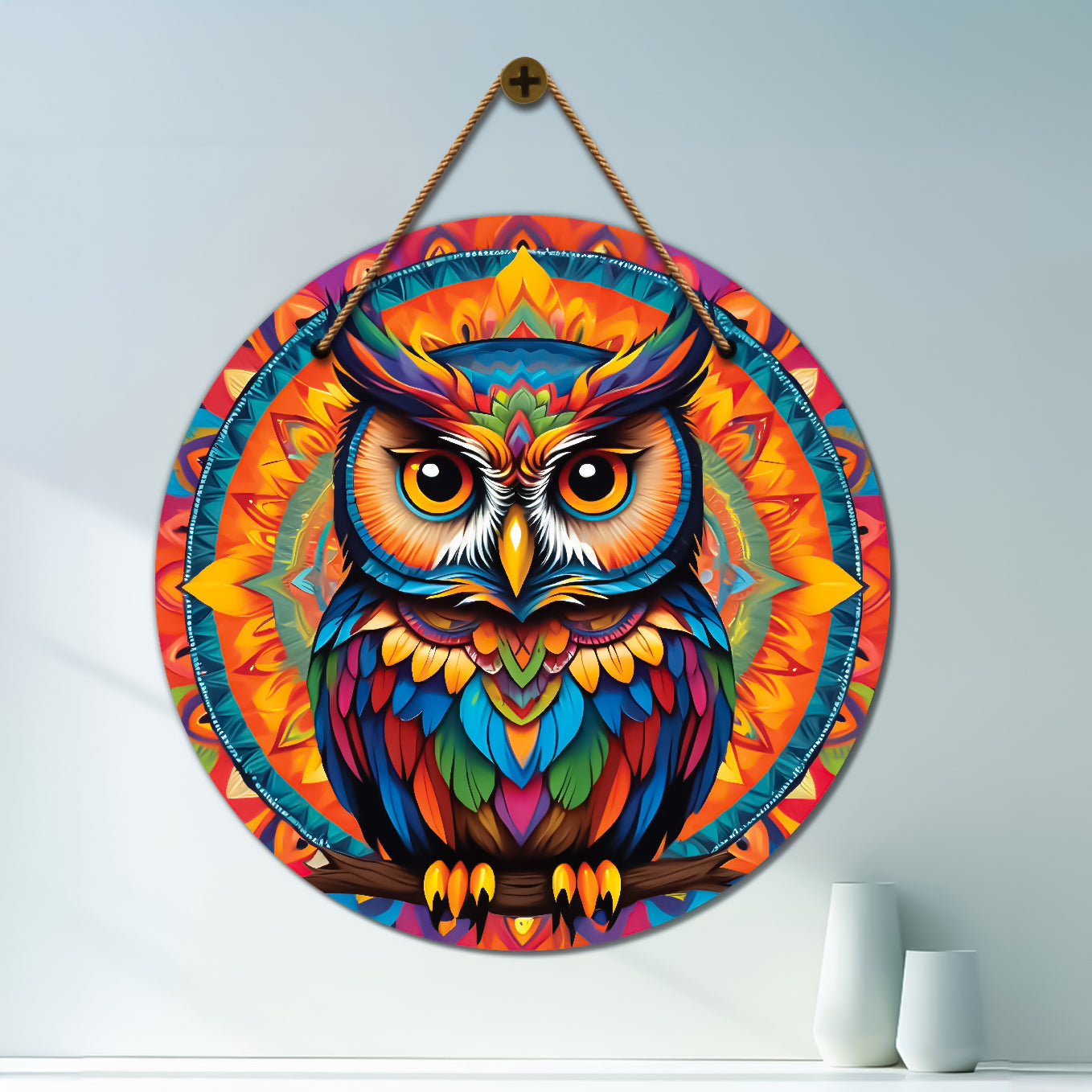 Owl in colorful floral mandala Round Wooden Wall Hanging for wall Décor - Design - 368