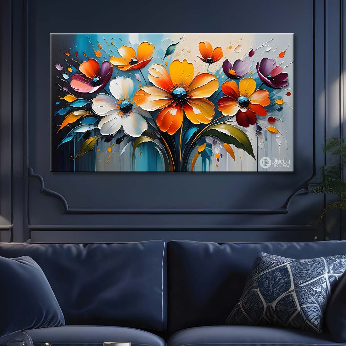 White and orange flowers in blue background canvas painting- Flower-368