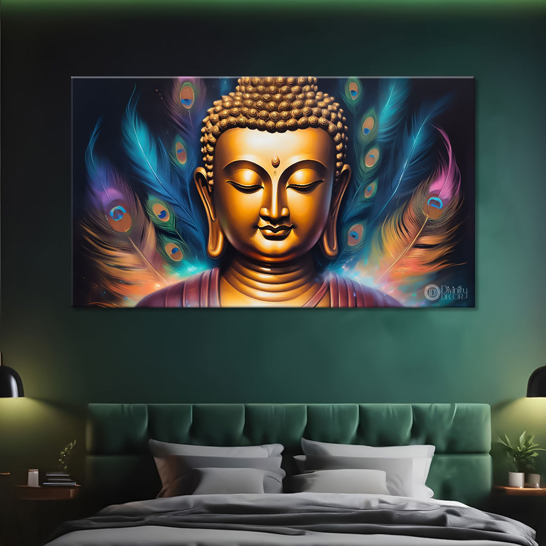 Golden buddha with peacock feather and blue textured background painting Canvas Wall Painting - Buddha-369