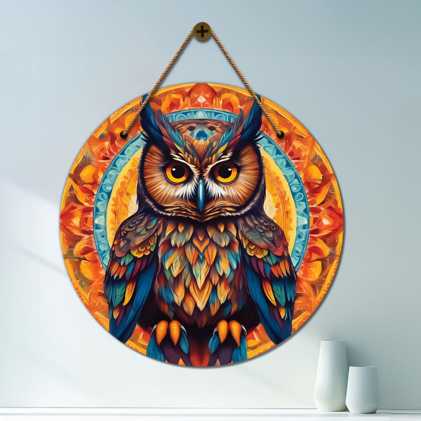 Owl in colorful floral mandala Round Wooden Wall Hanging for wall Décor - Design - 369