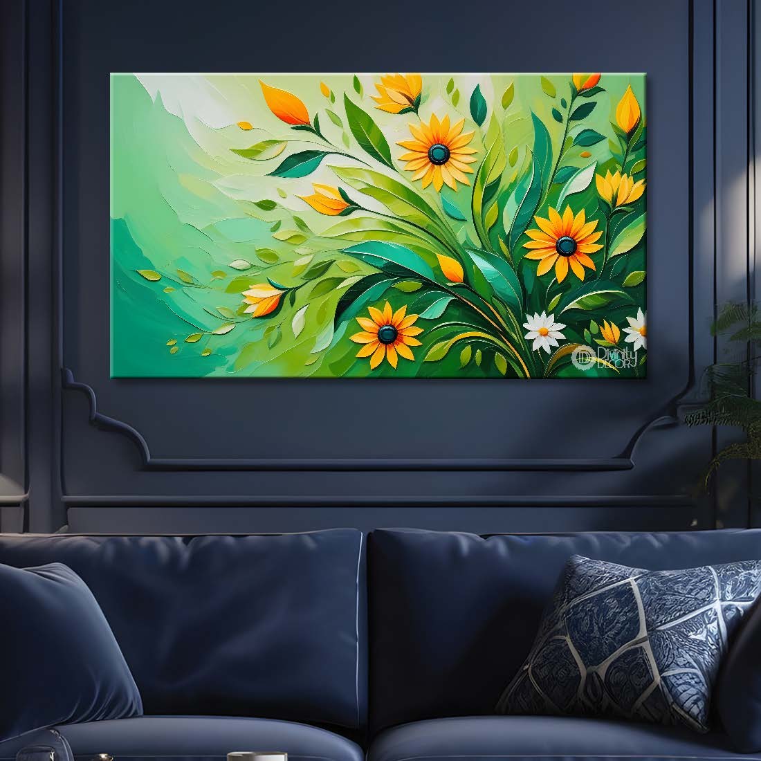 Yellow flowers with green background canvas painting- Flower-369