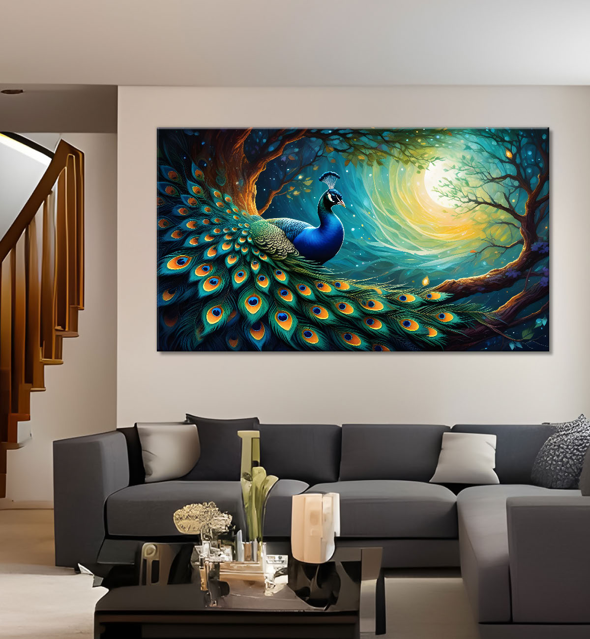 Peacock in bright colors oil painting Canvas Painting - Design - Peacock-36