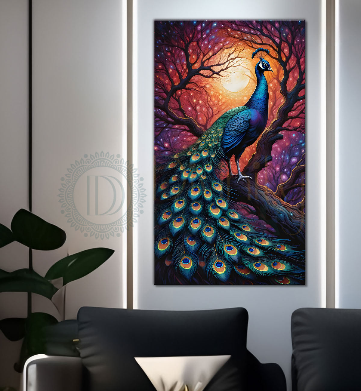 Peacock on branch in front of moon with sunset background modern art painting  - Design - Peacock-V-36