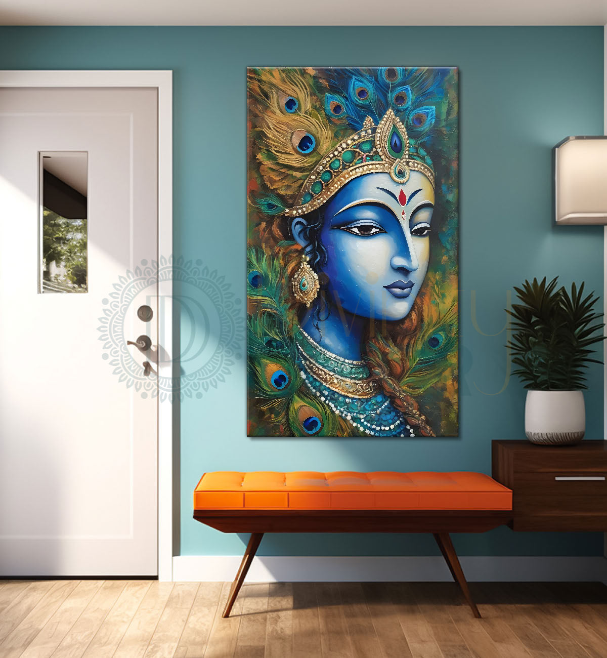 Blue face of krishna in peacock feathers background textured art Canvas Painting - Design - Krishna-V-36