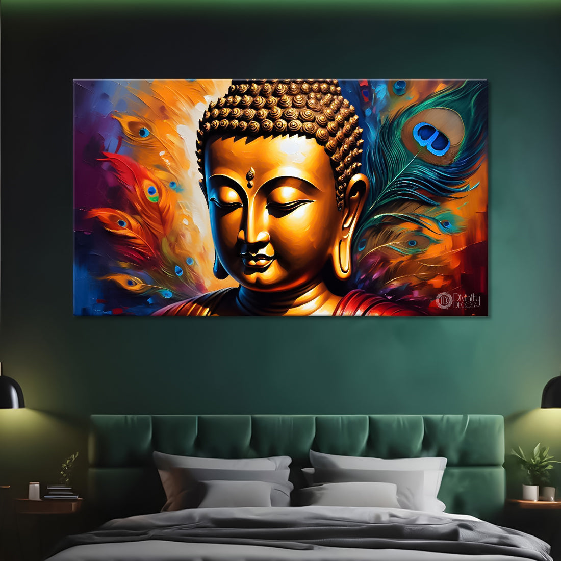 Golden buddha with peacock feather and orange textured background painting Canvas Wall Painting - Buddha-370