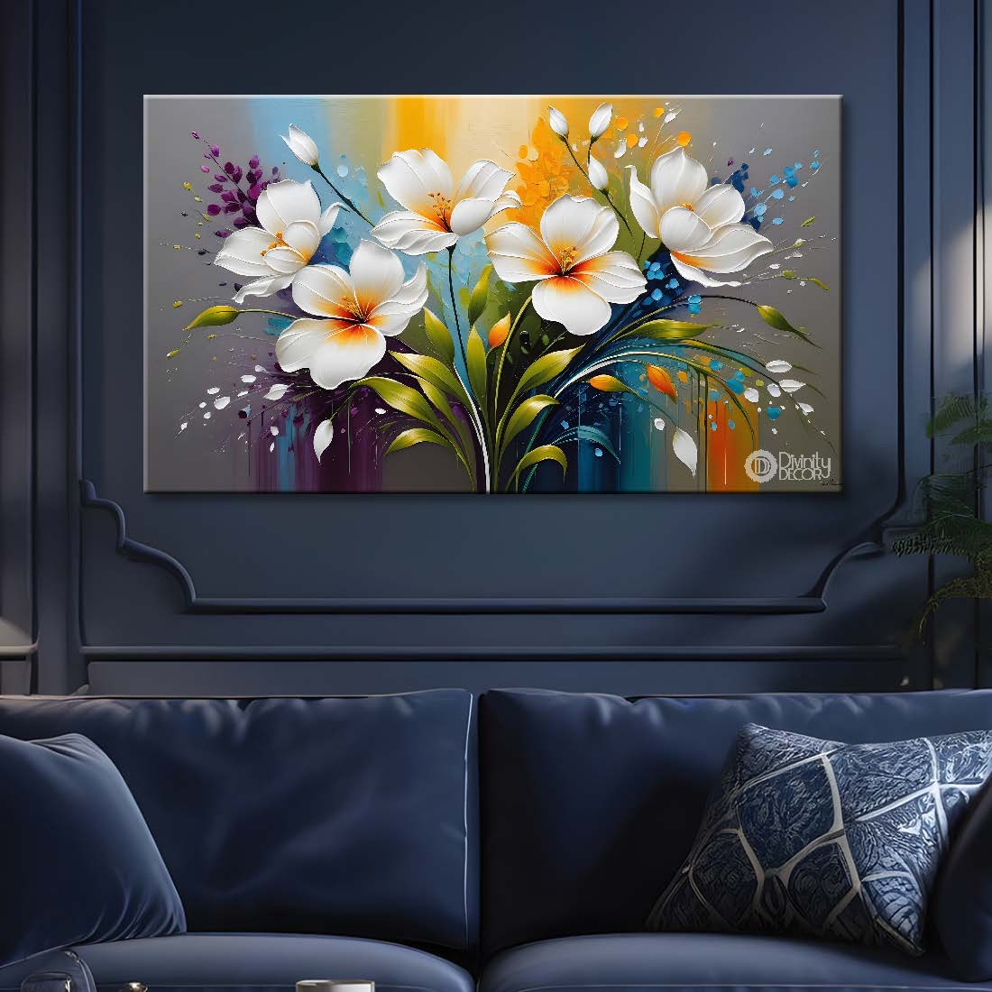 White flowers with colorful background canvas painting- Flower-370