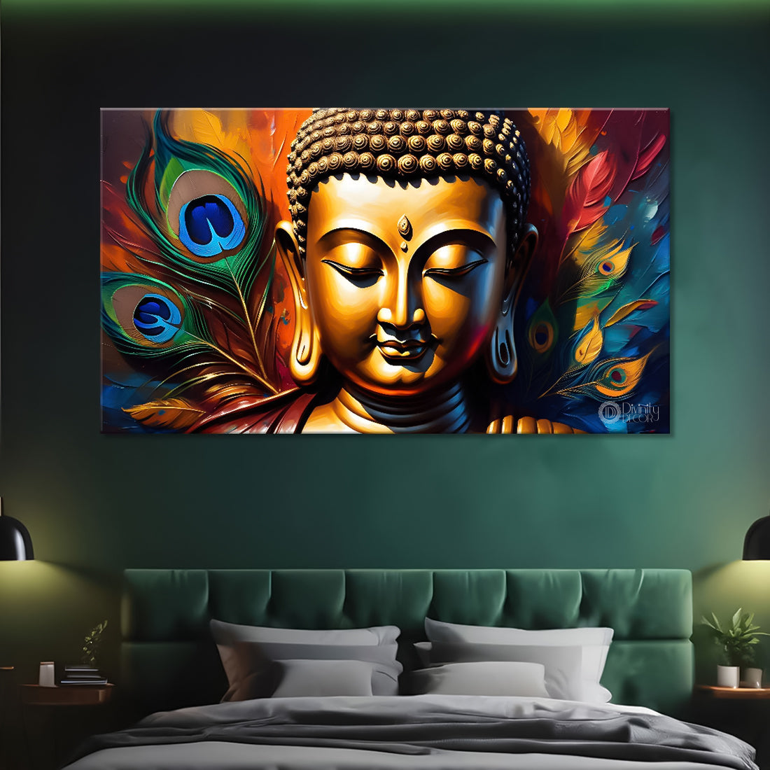 Golden buddha with peacock feather and orange textured background painting Canvas Wall Painting - Buddha-371