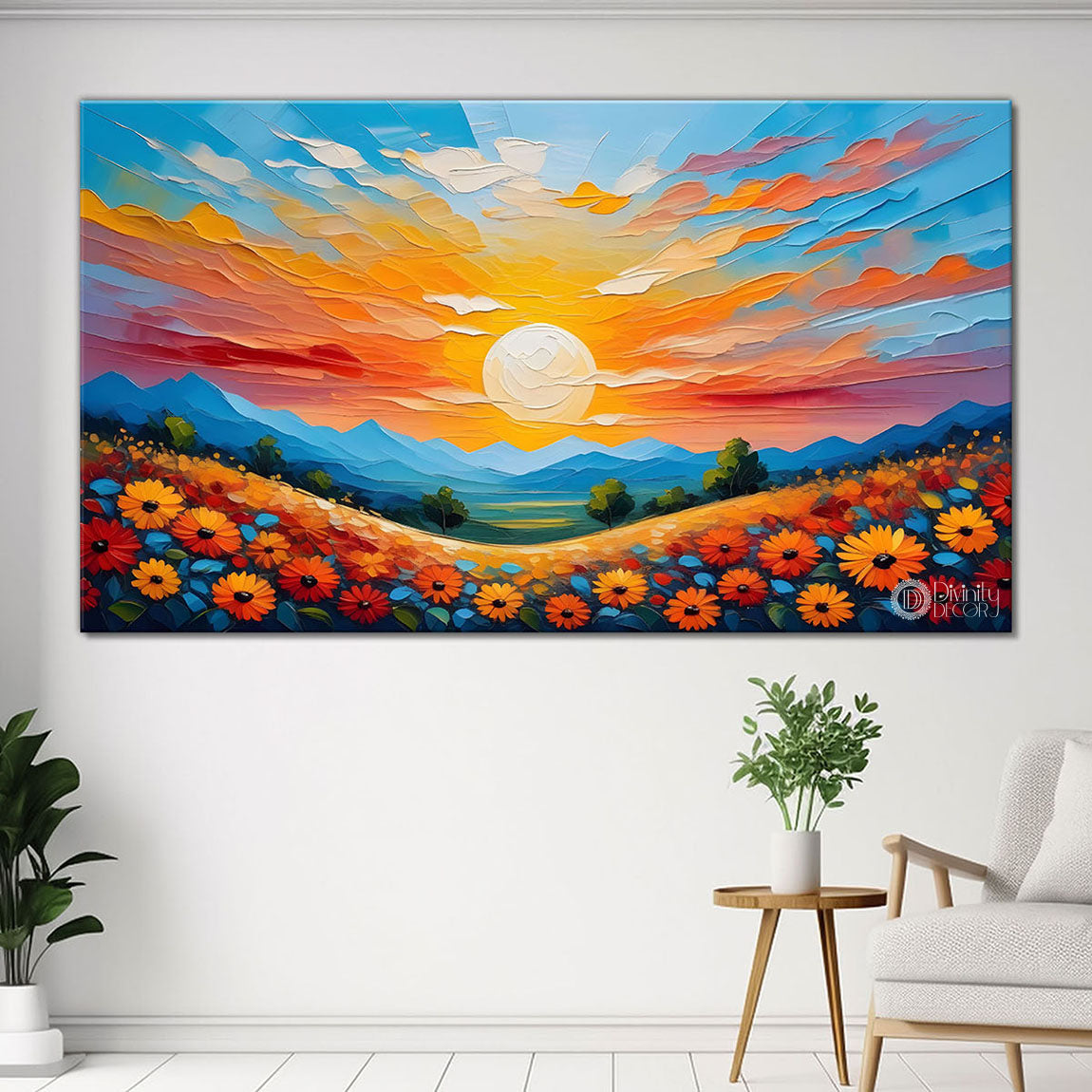 Mountains with flowers and sunset painting Canvas Painting - Nature Art -371