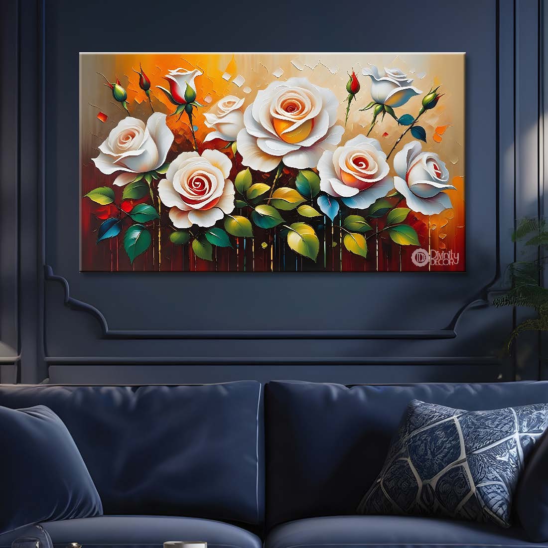 White flowers in orange background canvas painting- Flower-371
