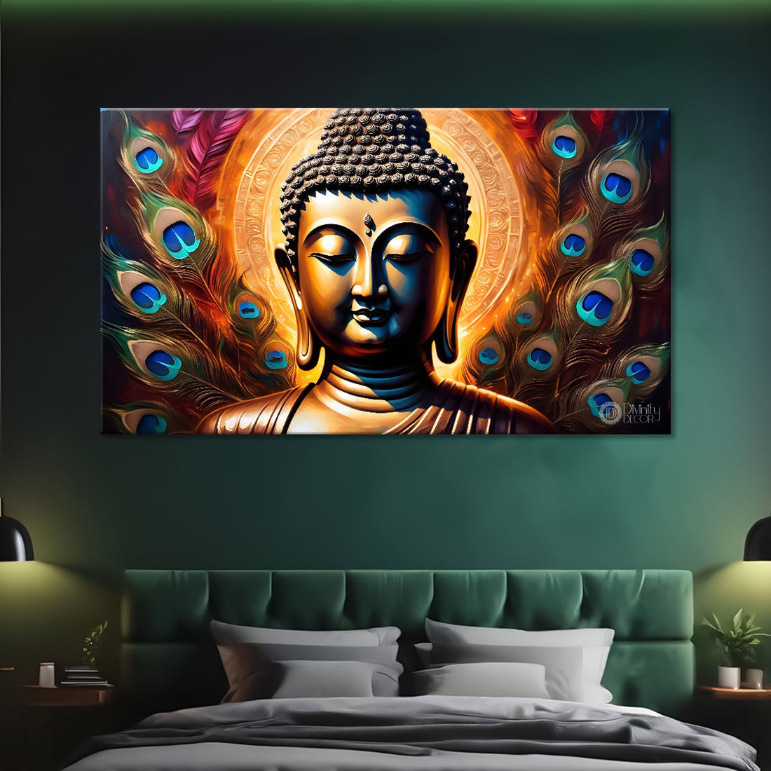 Golden buddha with peacock feather and orange textured background painting Canvas Wall Painting - Buddha-372