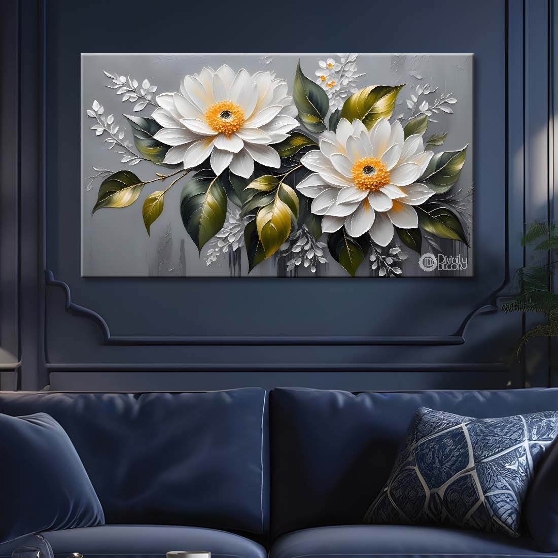White flowers in grey background canvas painting- Flower-372