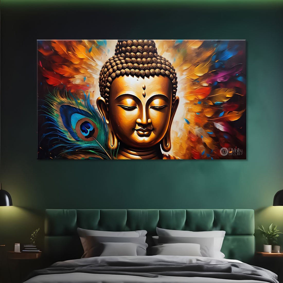 Golden buddha with peacock feather and orange textured background painting Canvas Wall Painting - Buddha-373