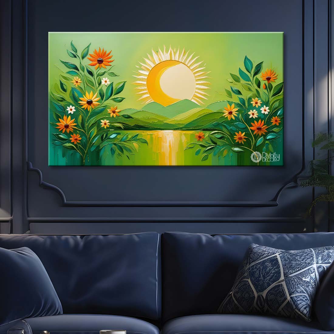 Yellow flowers with sunset and green background canvas painting- Flower-373