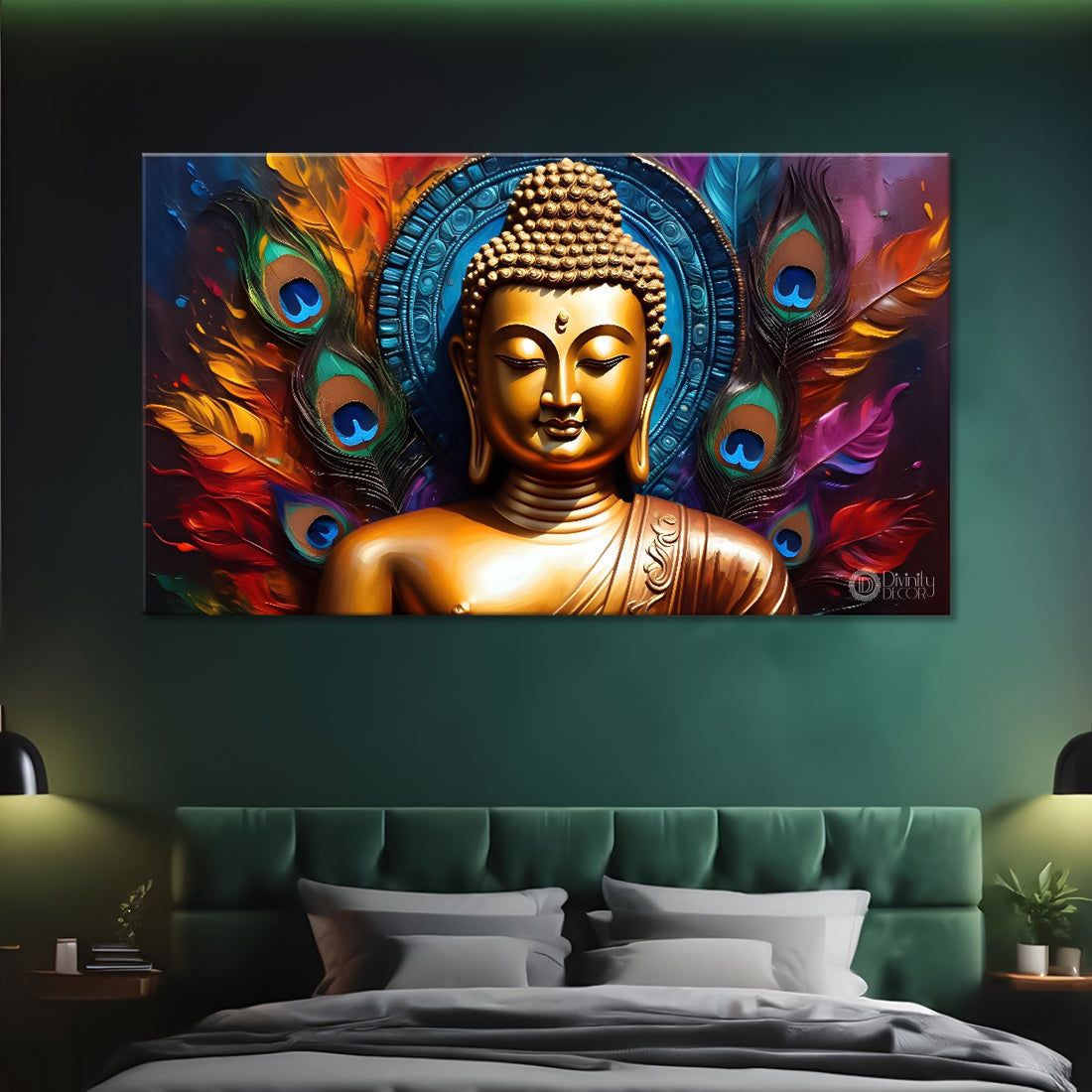 Golden buddha with peacock feather and orange textured background painting Canvas Wall Painting - Buddha-374