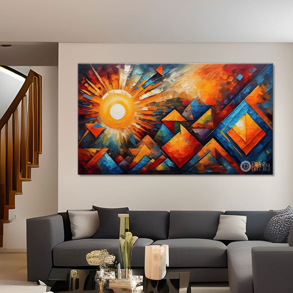 Sun with colorful background textured modern art Canvas Painting - Design - Modern-L-374