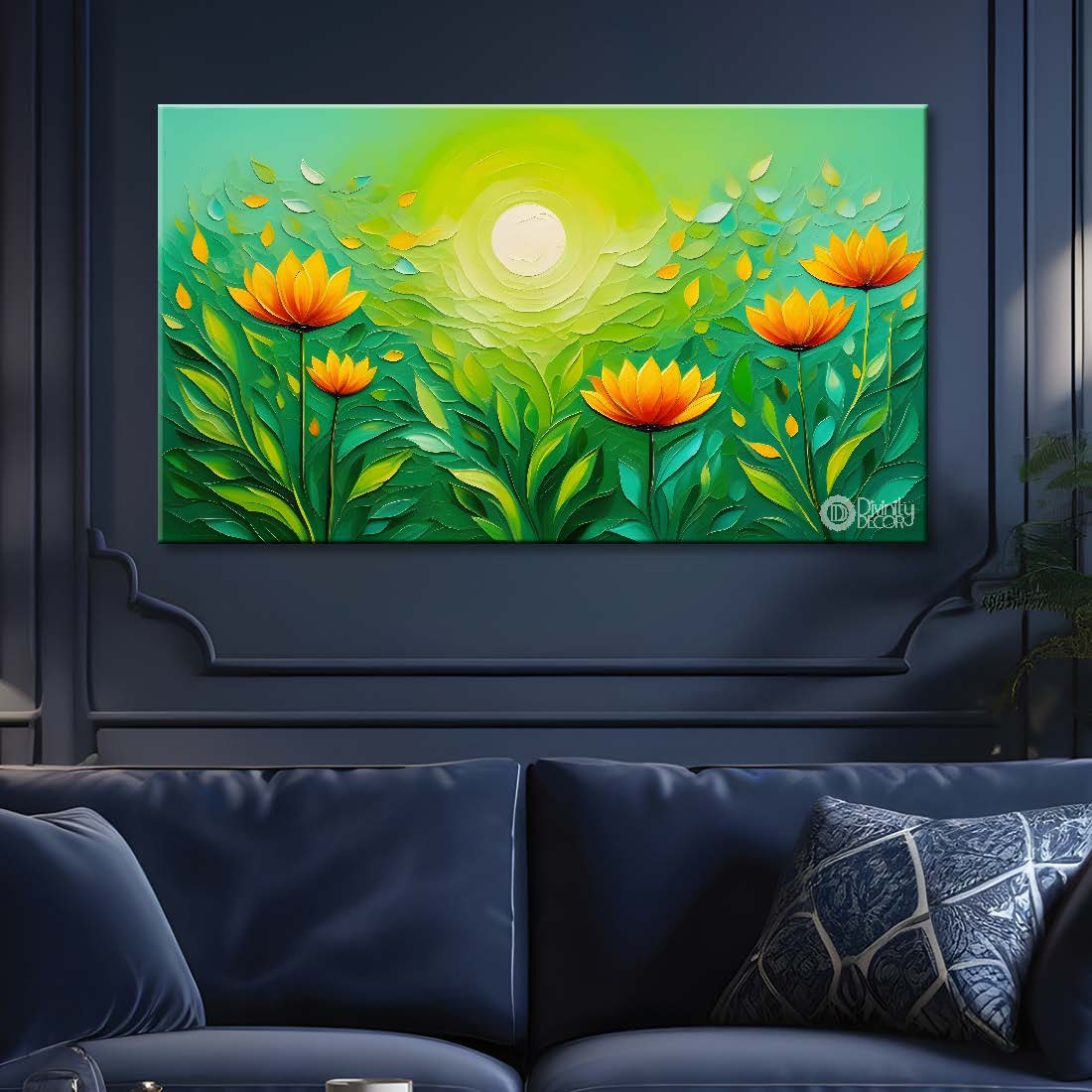 Yellow flowers with sunset and green background canvas painting- Flower-374
