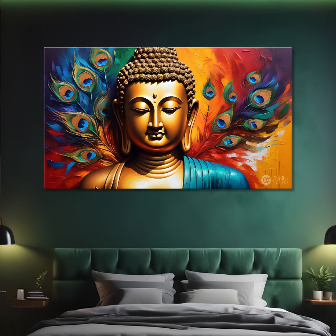 Golden buddha with peacock feather and orange textured background painting Canvas Wall Painting - Buddha-375