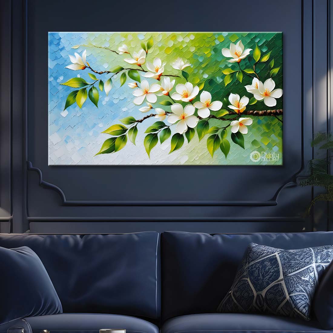 White flowers in blue background canvas painting- Flower-375