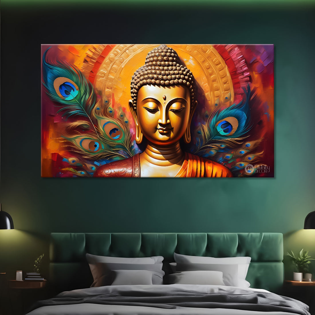 Golden buddha with peacock feather and orange textured background painting Canvas Wall Painting - Buddha-376