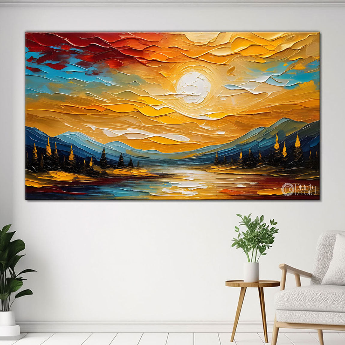 Mountains with sun in textured painting Canvas Painting - Nature Art -376