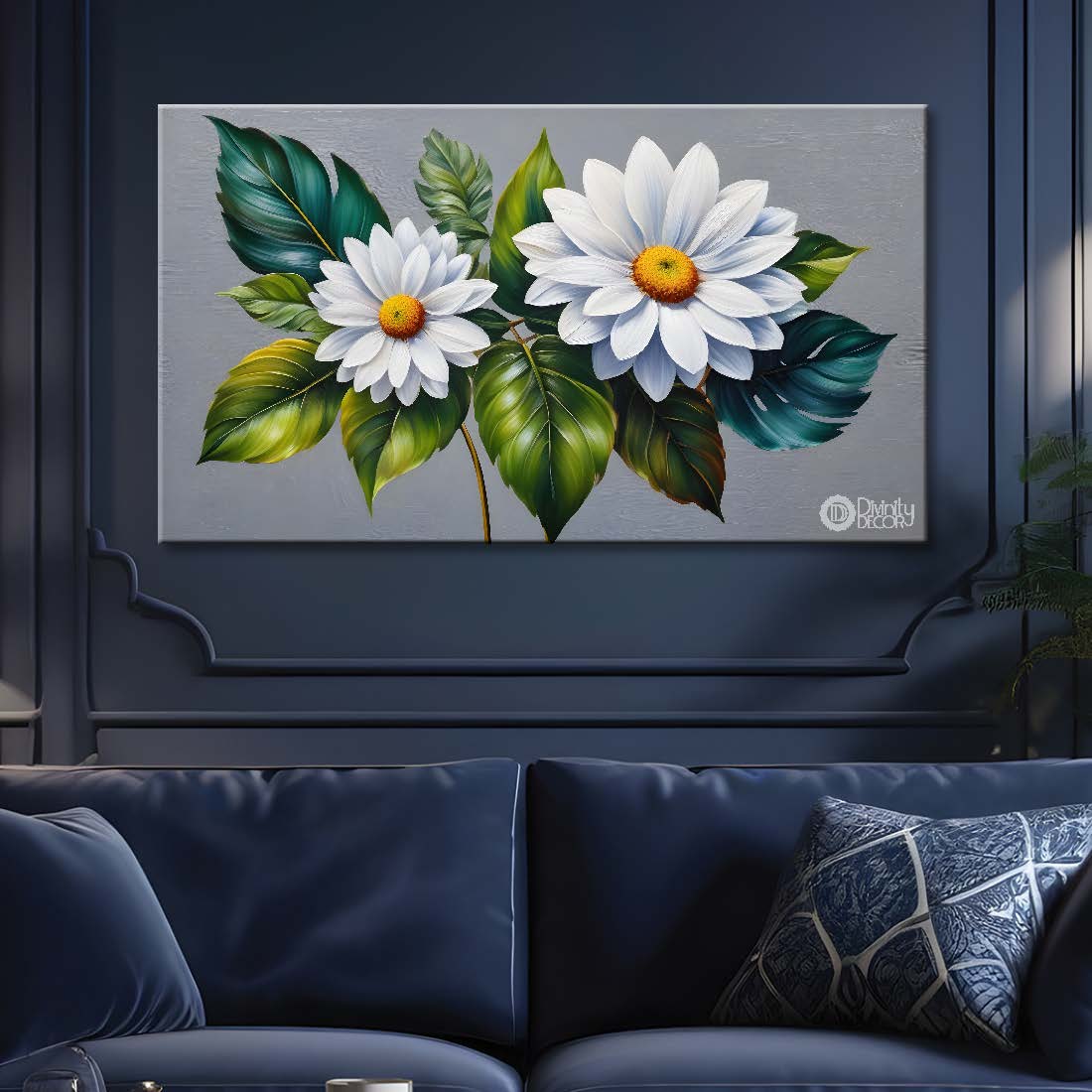 White flowers in grey background canvas painting- Flower-376