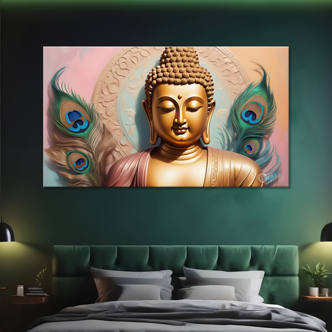 Golden buddha with peacock feather and light textured background painting Canvas Wall Painting - Buddha-377