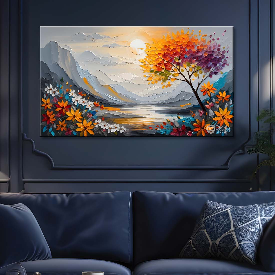 Orange tree with grey mountains and colorful flowers textured painting canvas painting- Flower-377