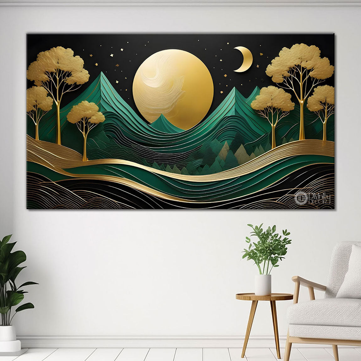 Green mountains with golden moon and trees Canvas Painting - Nature Art -377