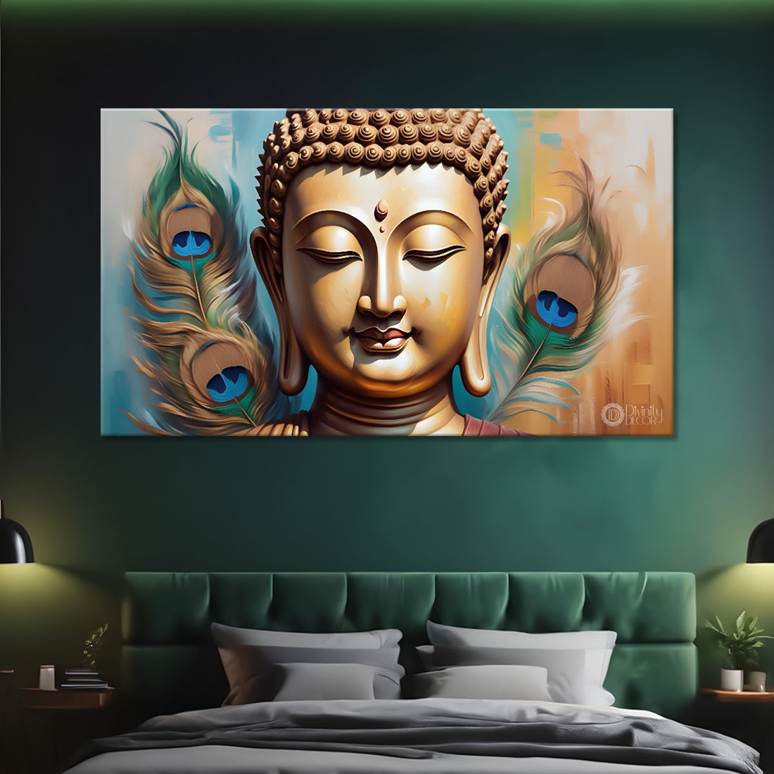 Golden buddha with peacock feather and light textured background painting Canvas Wall Painting - Buddha-378