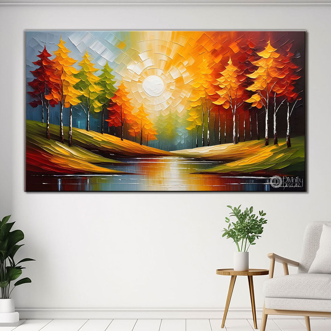 Colorful tree with river painting Canvas Painting - Nature Art -378