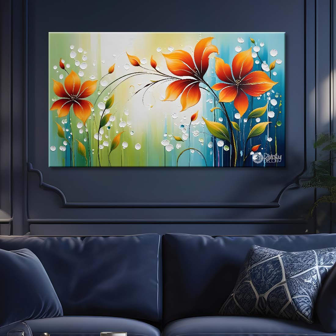 Orange flowers in blue background canvas painting- Flower-378