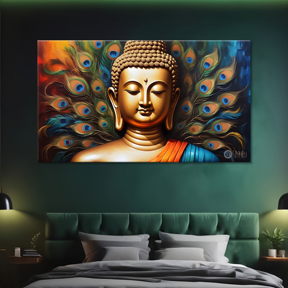 Golden buddha with peacock feather textured background painting Canvas Wall Painting - Buddha-379