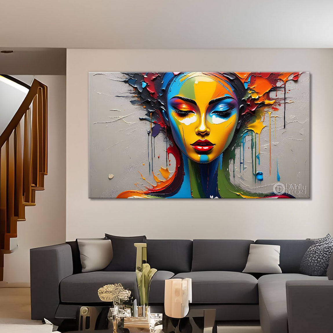 Beautiful woman with colorful background modern art Canvas Painting - Design - Modern-L-379