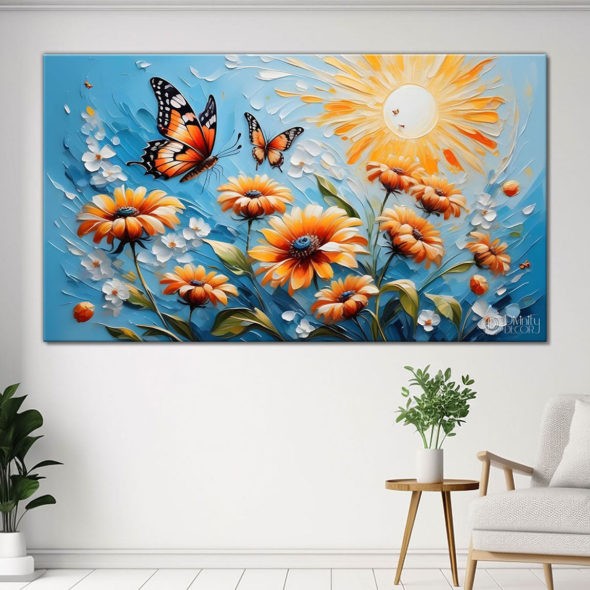 Flowers and butterfly textured art Canvas Painting - Nature Art -379