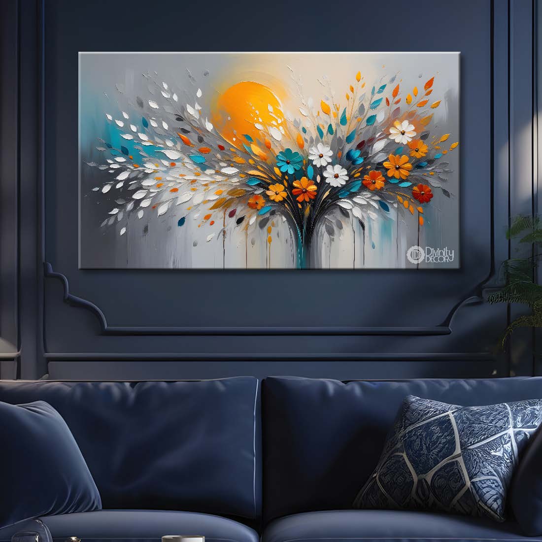 Colorful flowers tree with sun in grey background canvas painting- Flower-379