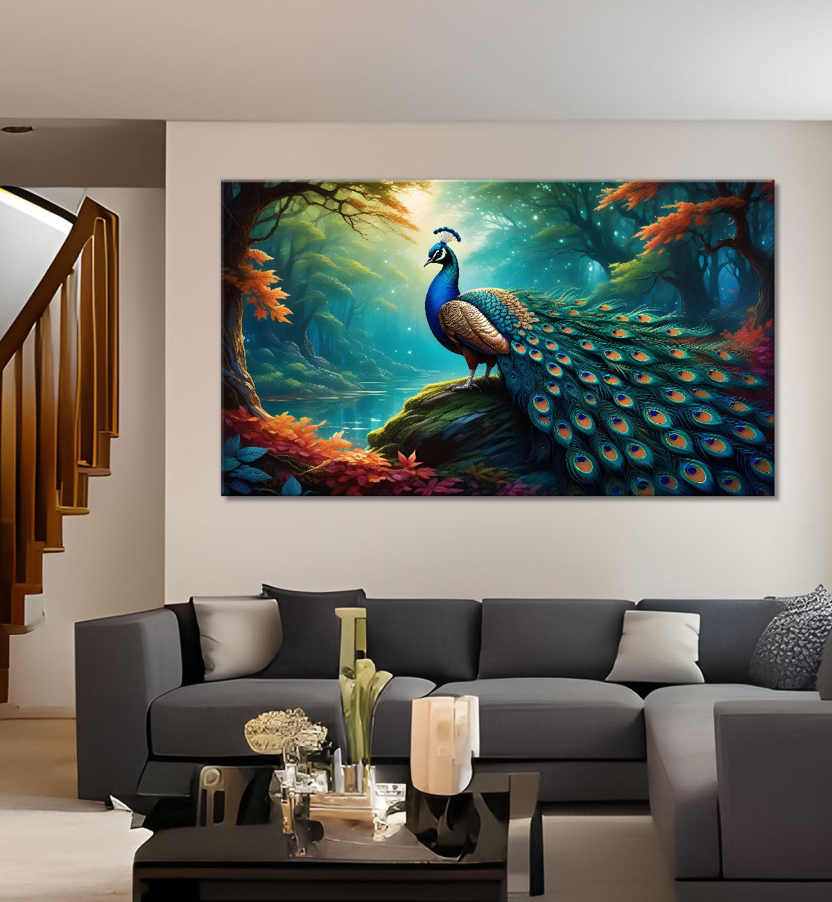 Peacock in bright green colors oil painting Canvas Painting - Design - Peacock-37