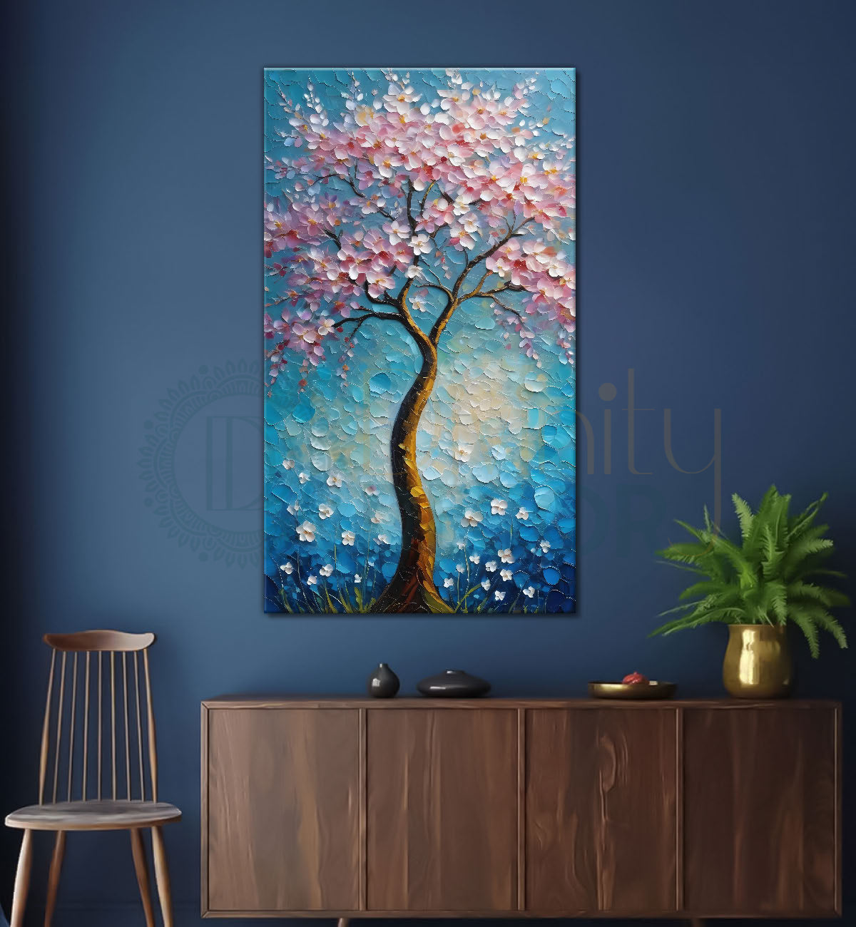 Spring tree with beautiful sky blue background textured modern art Canvas painting - Tree-V-37