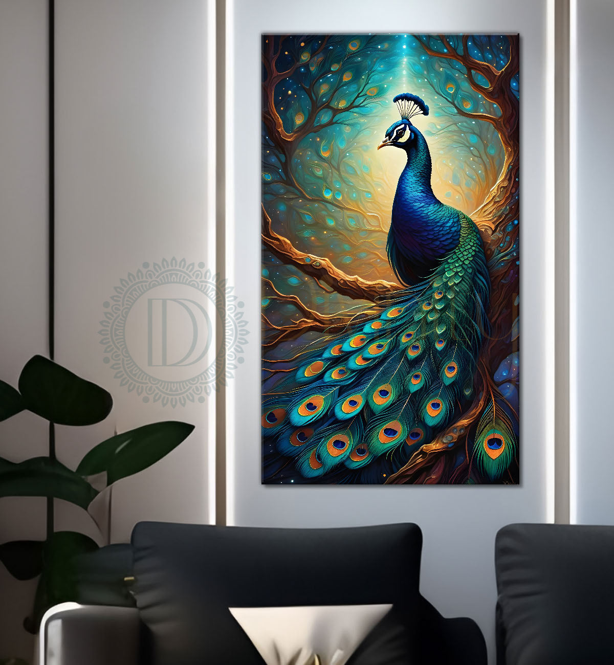 Peacock on branch in front of moon with aqua background modern art painting  - Design - Peacock-V-37