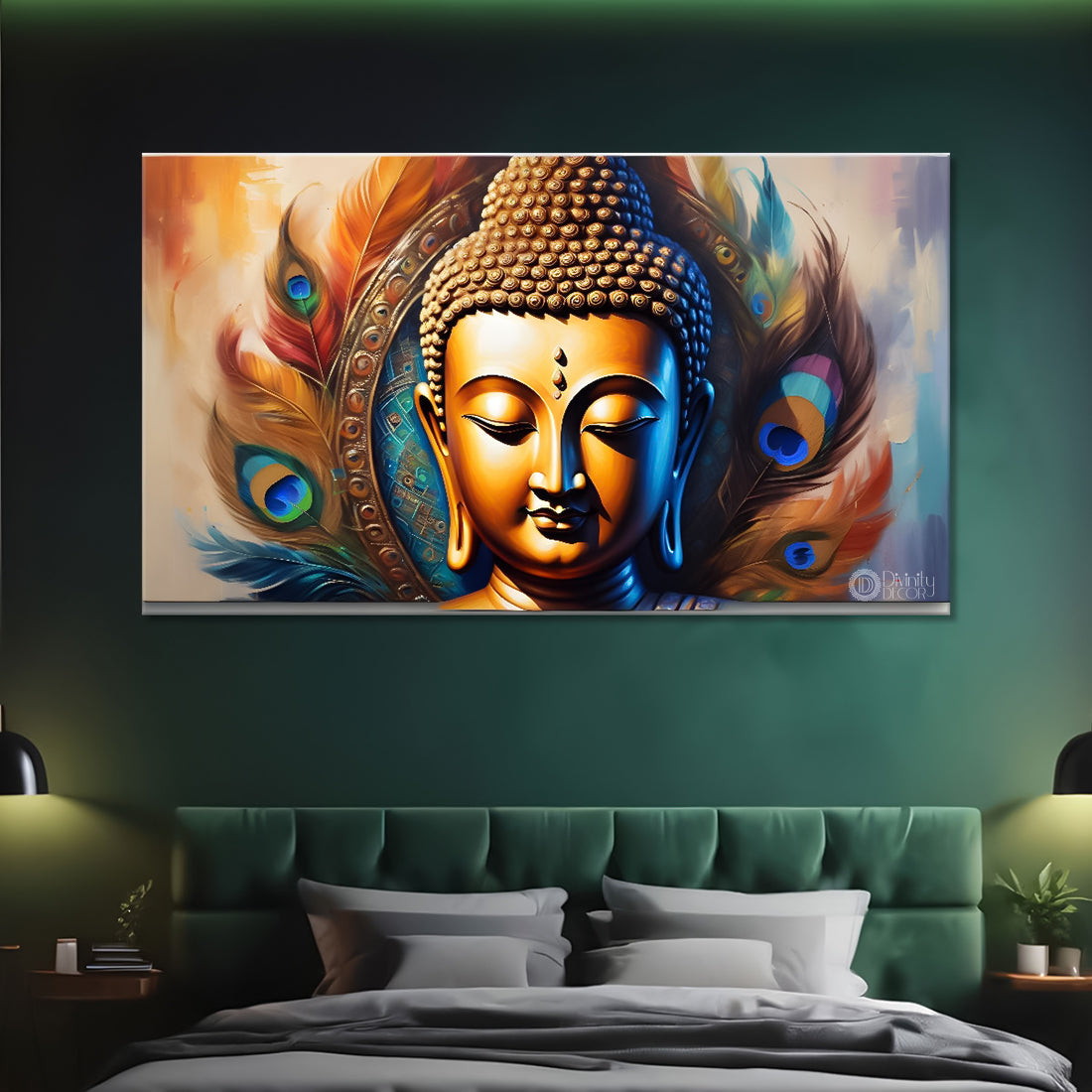 Golden buddha with peacock feather and orange textured background painting Canvas Wall Painting - Buddha-380