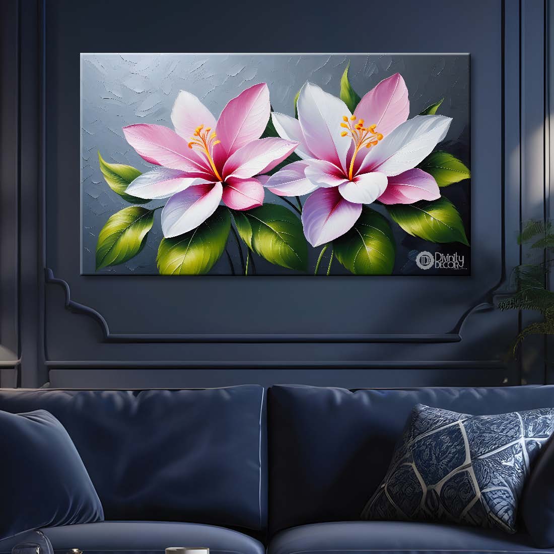 Pink flowers in grey background canvas painting- Flower-380
