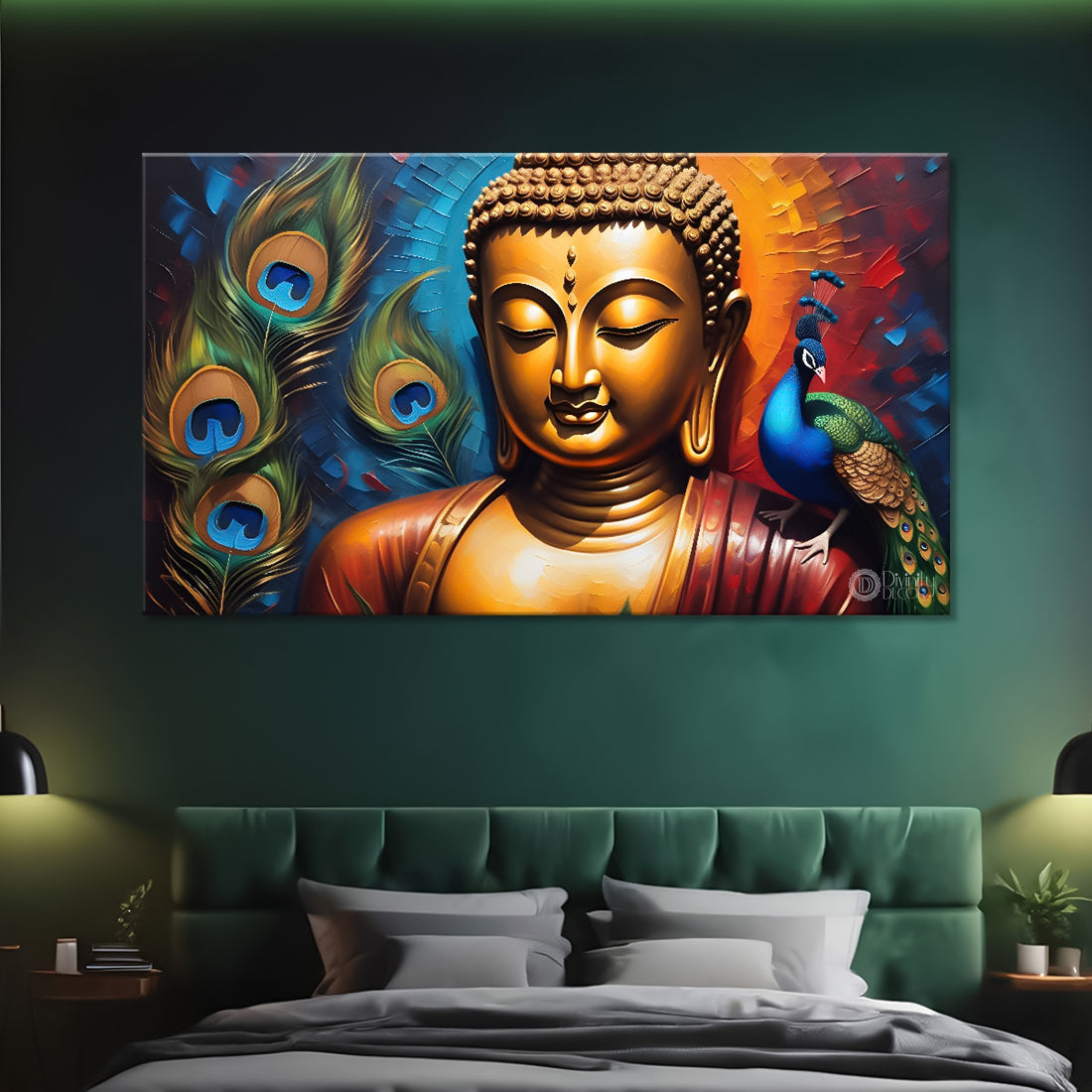 Golden buddha with peacock feather and orange textured background painting Canvas Wall Painting - Buddha-381