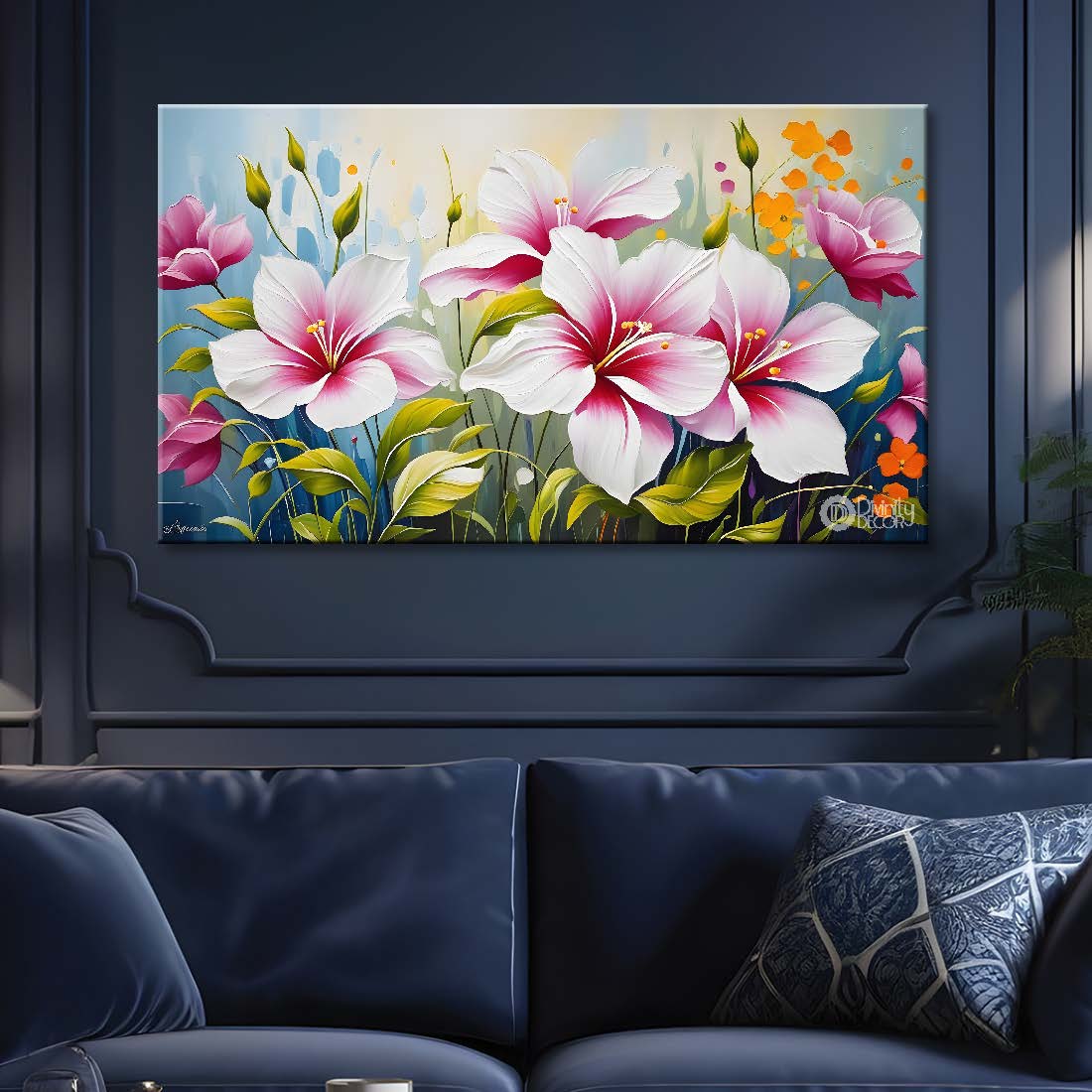 Pink flowers in light background canvas painting- Flower-381