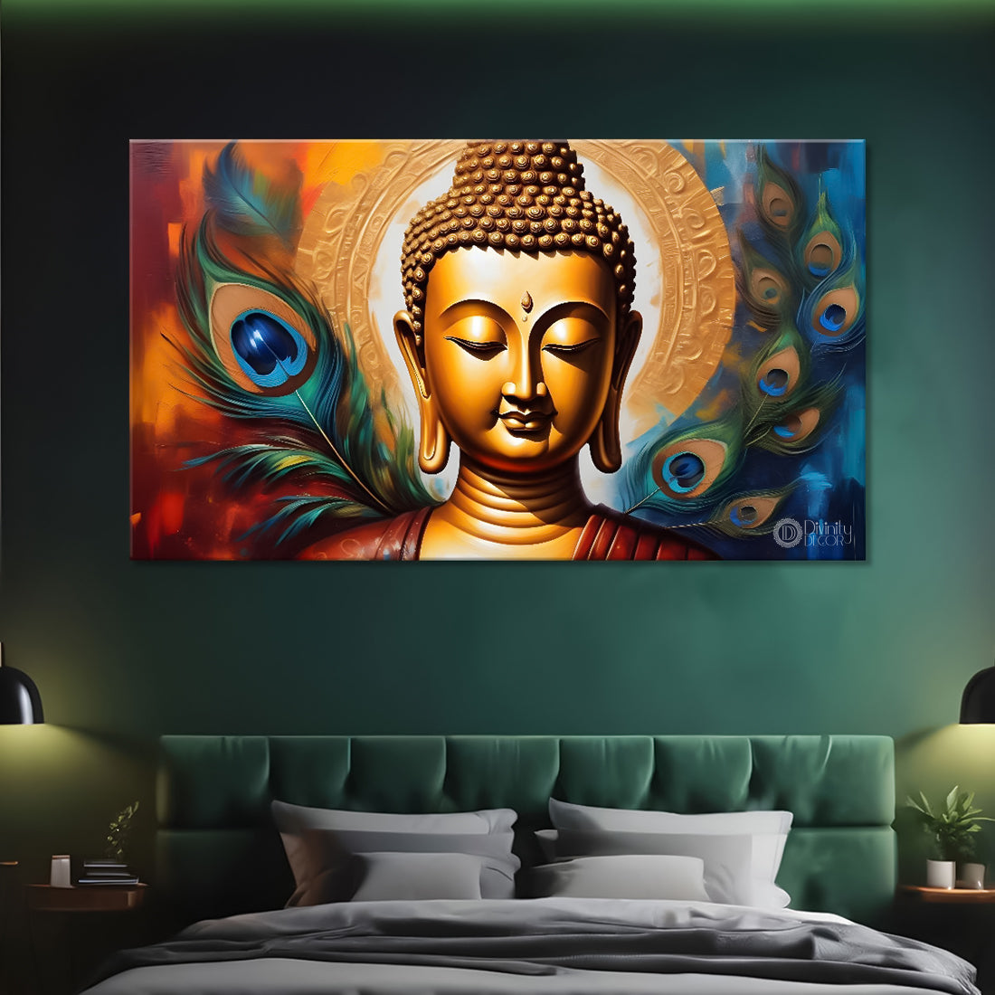 Golden buddha with peacock feather and orange textured background painting Canvas Wall Painting - Buddha-382
