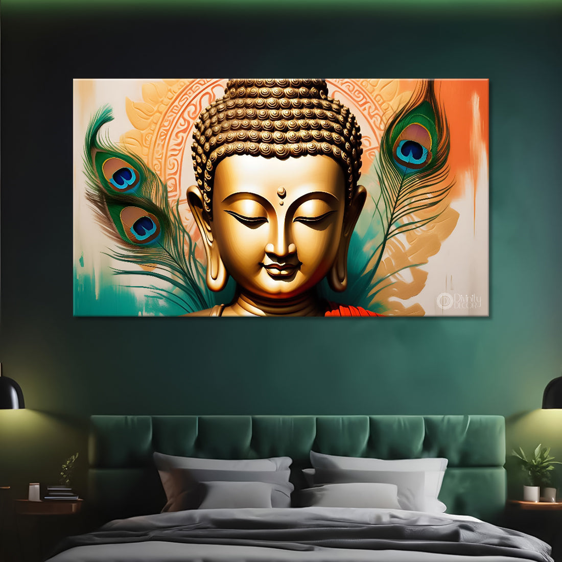 Golden buddha with peacock feather and yellow textured background painting Canvas Wall Painting - Buddha-383