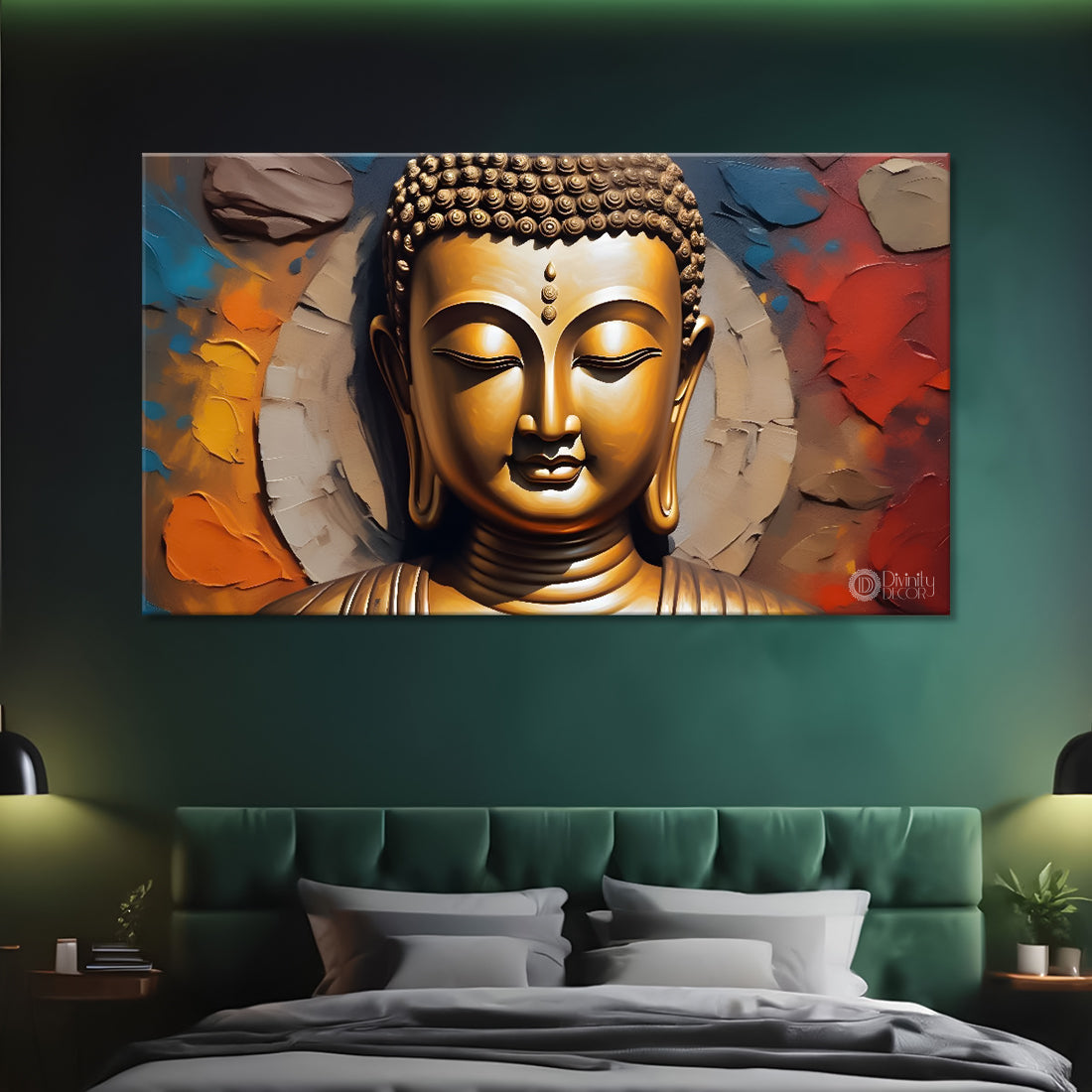 Golden buddha with  orange textured background painting Canvas Wall Painting - Buddha-384