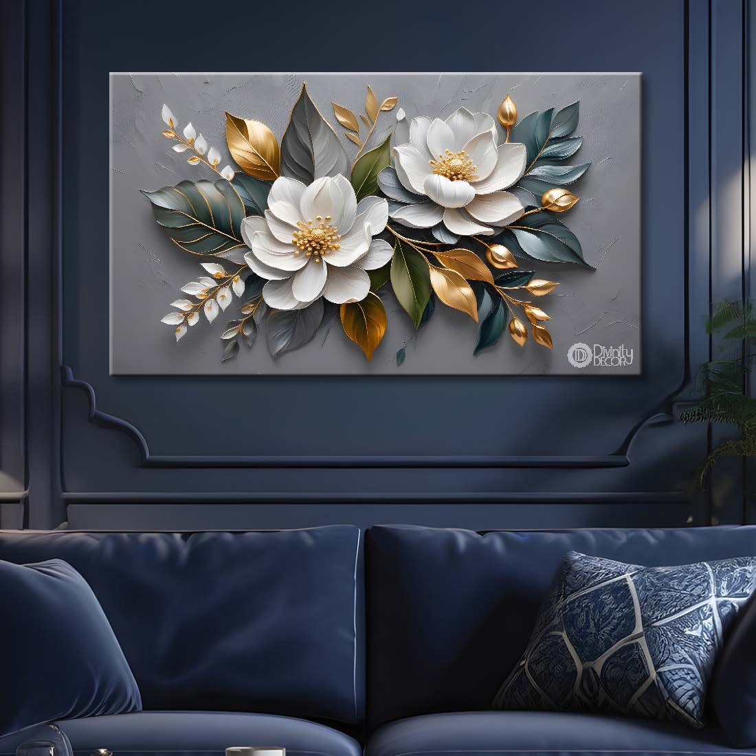 White flowers in grey background canvas painting- Flower-384
