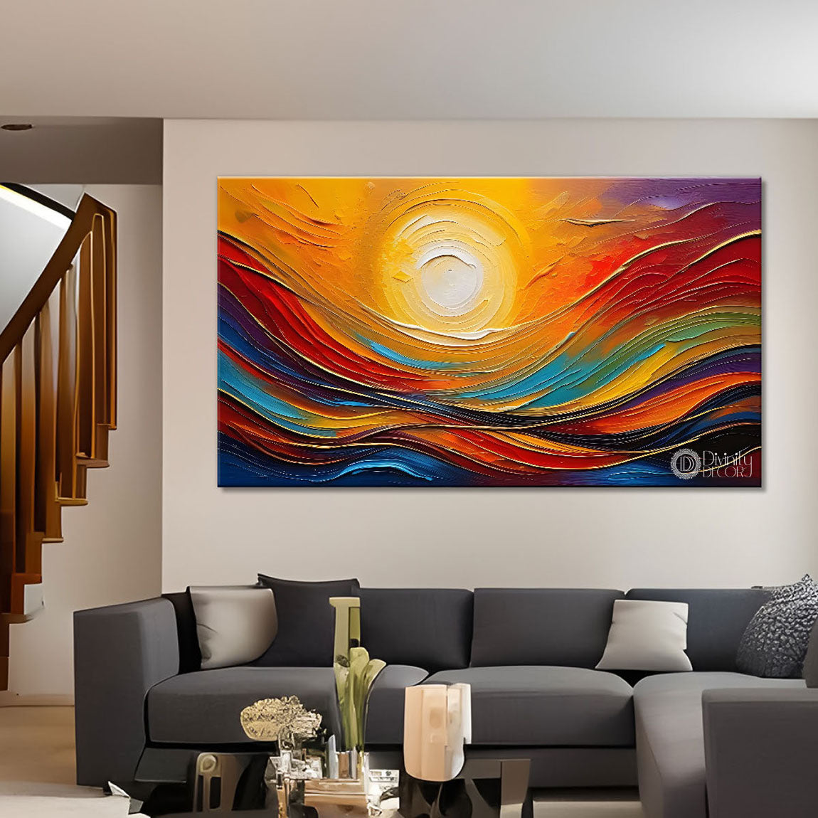 Sun with colorful background textured modern art Canvas Painting - Design - Modern-L-384